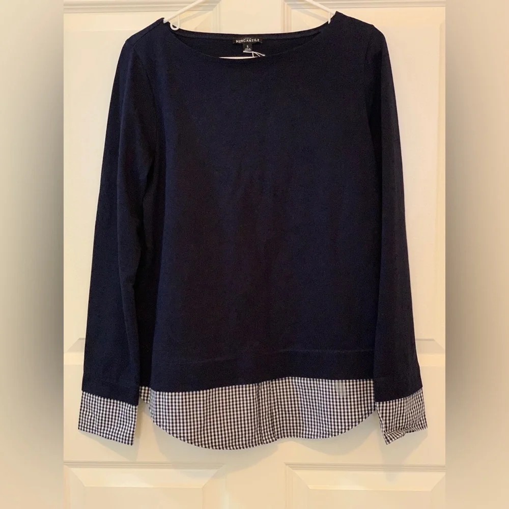 J Crew Mercantile Navy Long Sleeve Top with Checkered Cuffs.  Size-Small - Picture 2 of 4
